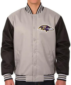 Baltimore Ravens Mens Grey Varsity Jacket - Mens Grey Varsity Jacket - Front View
