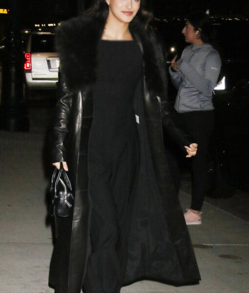 Camila Mendes Black Leather Coat - Camila Mendes On The Street Of New York - Women's Black Leather Coat - Front View
