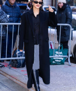 Camila Mendes Black Trench Coat - Camila Mendes In New York City - Women's Black Trench Coat - Front View