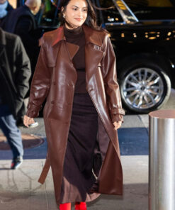 Camila Mendes Brown Leather Coat - Women's Black Trench Coat - Front View
