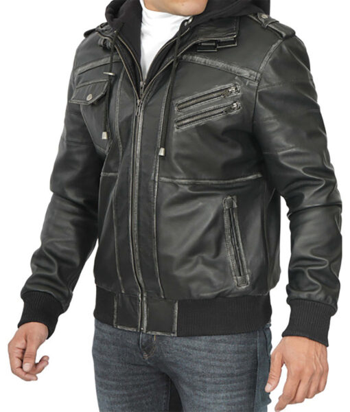 Clark Mens Grey Leather Hooded Black Jacket - Clearance Sale