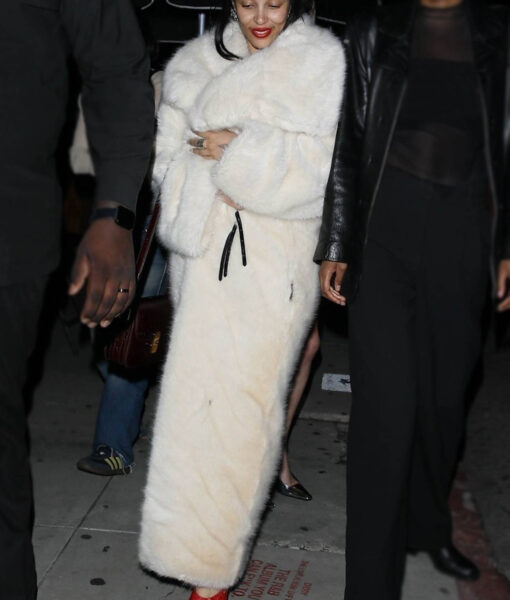 Doja Cat White Fur Coat - Doja Cat in West Hollywood - Women's White Fur Coat - Front View