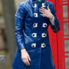 Gemma Arterton Blue Leather Coat - Gemma Arterton On the set of Woman Series 2 in Bolton - Women's Blue Leather Coat - Front View