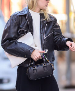 Gigi Hadid Black Jacket - Gigi Hadid In New York - Women's Black Leather Jacket - Front View