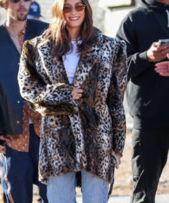 Hailey Bieber Cheetah Pattern Fur Jacket - Hailey Bieber hit the Super Bowl 2024 - Women's Cheetah Pattern Fur Jacket - Front View