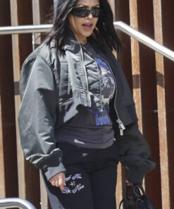 Kourtney Kardashian Womens Green Cropped Bomber Jacket - Womens Green Cropped Bomber Jacket - Front View