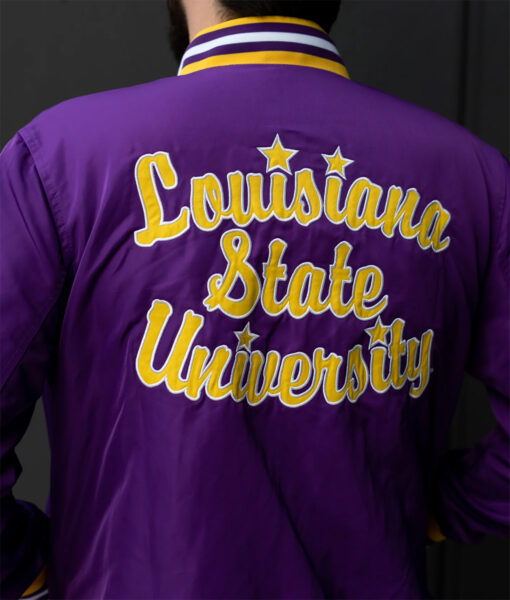 LSU Tigers Mens Purple Varsity Jacket - Mens Purple Varsity Jacket - Back View