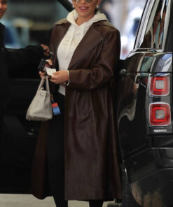 Lauren Sanchez Womens Brown Leather Coat - Womens Brown Leather Coat - Front View