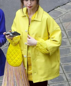 Lily Collins Emily in Paris Emily Cooper Womens Yellow Shirt Style Jacket - Womens Yellow Shirt Style Jacket - Front View3