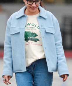 Mila Kunis Womens Sky Blue Wool Jacket - Womens Sky Blue Wool Jacket - Front View2