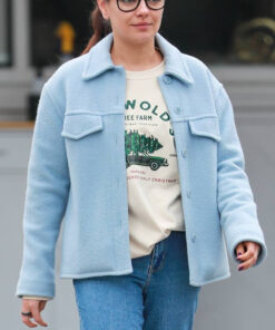 Mila Kunis Womens Sky Blue Wool Jacket - Womens Sky Blue Wool Jacket - Front View