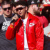 Patrick Mahomes Victory Red Jacket - Super Bowl Patrick Mahomes Victory Parade - Men's Red Satin Jacket - Front View