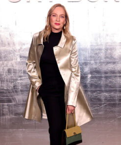 Uma Thurman Golden Leather Coat - Uma Thurman Arrives For The Fashion Week - Women's Golden Leather Coat - Front View2
