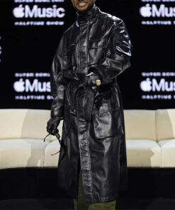 Usher Black Leather Coat - Usher at Super Bowl In Las Vegas - Men's Black Leather Coat - Front View