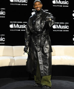 Usher Black Leather Coat - Usher at Super Bowl In Las Vegas - Men's Black Leather Coat - Front View2