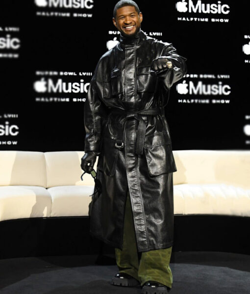 Usher Black Leather Coat - Usher at Super Bowl In Las Vegas - Men's Black Leather Coat - Front View2