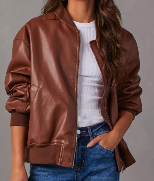 Vanessa Morgan Wild Cards Brown Leather Jacket - Vanessa Morgan Wild Cards Max Mitchell - Women's Brown Leather Jacket - Front View2