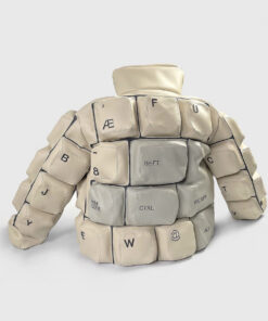 White Keyboard Leather Puffer Jacket - Clearance Sale