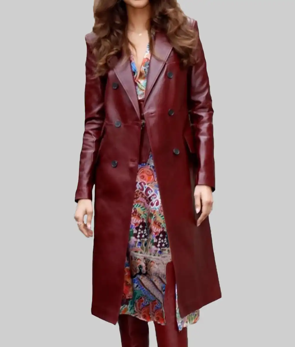 Zendaya Burgundy Double-Breasted Leather Trench Coat