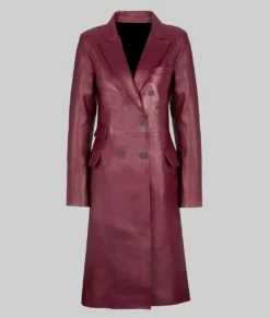 Zendaya womens Maroon Leather Trench Coat - womens Maroon Leather Trench Coat-1