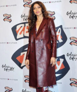 Zendaya womens Maroon Leather Trench Coat - womens Maroon Leather Trench Coat -