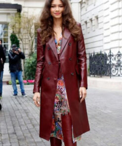 Zendaya womens Maroon Leather Trench Coat - womens Maroon Leather Trench Coat - Front view