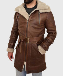 Andrew Mens Brown Leather Belted Coat - Mens Brown Leather Belted Coat - Side View2