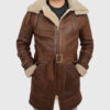 Andrew Mens Brown Leather Belted Coat - Mens Brown Leather Belted Coat - Front Close View
