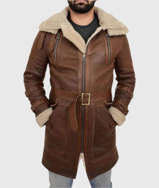 Andrew Mens Brown Leather Belted Coat - Mens Brown Leather Belted Coat - Front Close View