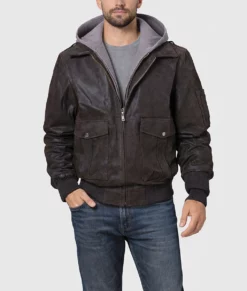Andrew Mens Dark Brown Bomber Hooded Leather Jacket | Mens Dark Brown Bomber Hooded Leather Jacket-2