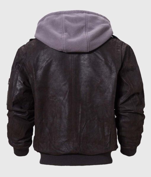 Andrew Mens Dark Brown Bomber Hooded Leather Jacket - Back View