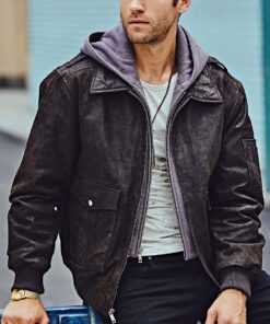 Andrew Mens Dark Brown Bomber Hooded Leather Jacket - Side View
