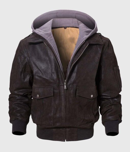Andrew Mens Dark Brown Bomber Hooded Leather Jacket - Front View