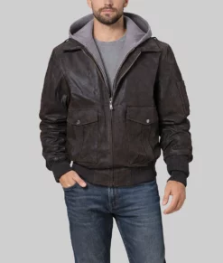 Andrew Mens Dark Brown Bomber Hooded Leather Jacket-Front