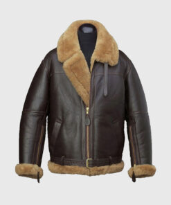 Aqua B-3 Shearling Brown Leather Aviator Jacket - Front View