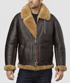 Aqua B-3 Shearling Brown Leather Aviator Jacket-Front