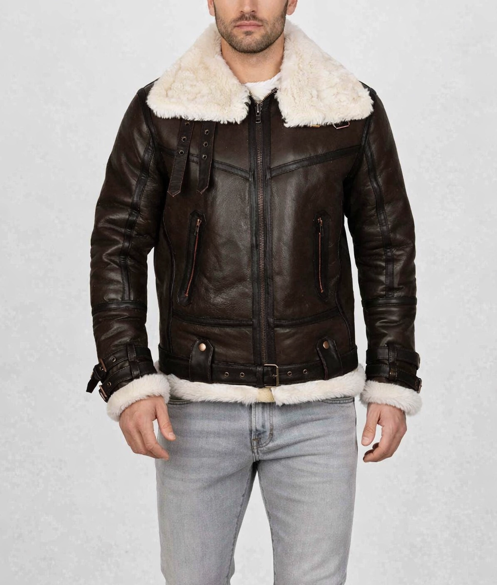 Army B-3 Shearling Brown Leather Aviator Jacket for Men