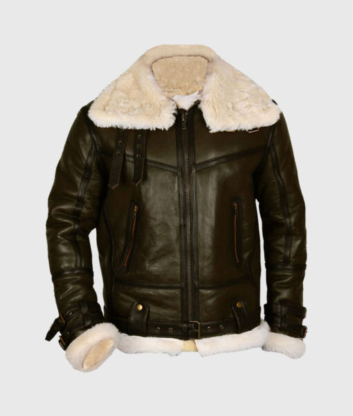 Army B-3 Shearling Green Leather Aviator Jacket - Front View