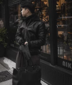 Ash B-3 Shearling Black Leather Aviator Jacket-Side