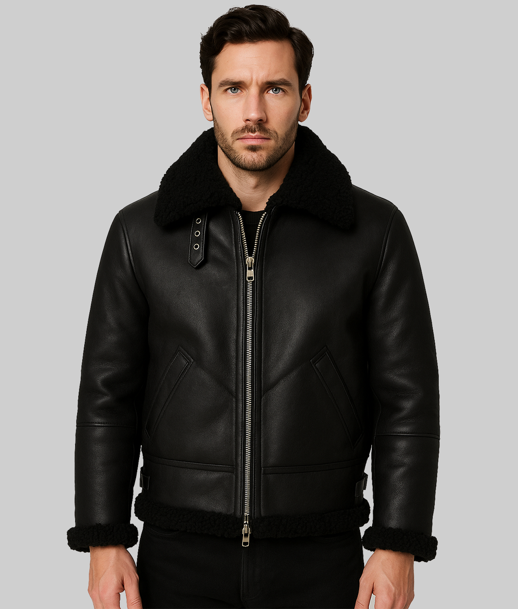 Ash B-3 Shearling Black Leather Aviator Jacket for Men