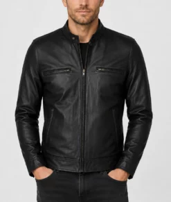 Basic Black Moto Cafe Racer Biker Leather Jacket-Front