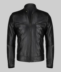 Basic Black Moto Cafe Racer Biker Leather Jacket