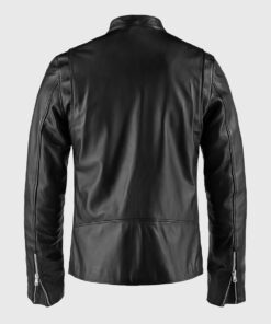 Basic Black Moto Cafe Racer Biker Leather Jacket - Back View