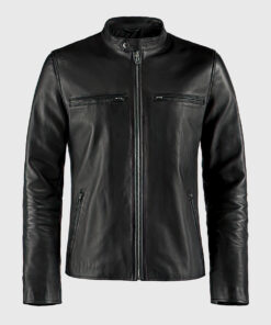 Basic Black Moto Cafe Racer Biker Leather Jacket - Front View