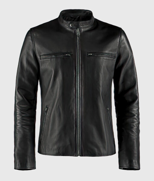 Basic Black Moto Cafe Racer Biker Leather Jacket - Front View