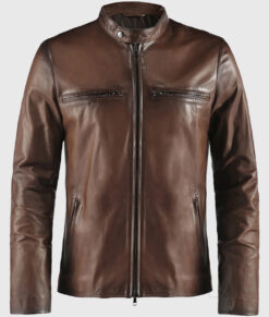 Basic Brown Moto Cafe Racer Biker Leather Jacket