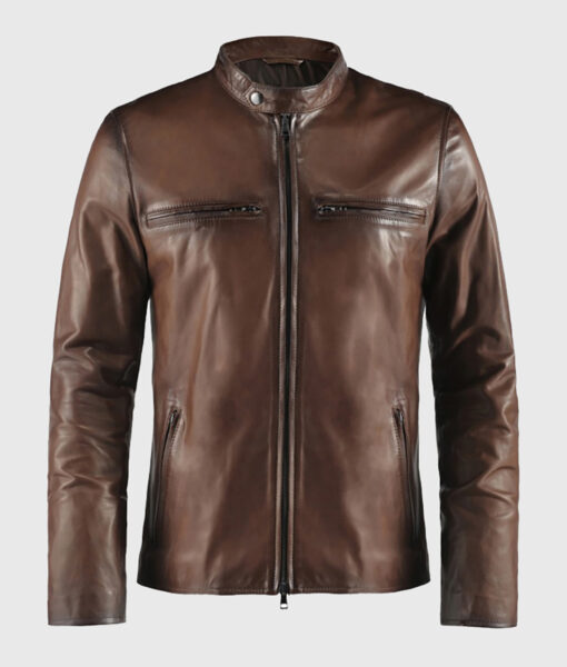 Basic Brown Moto Cafe Racer Biker Leather Jacket - Front View