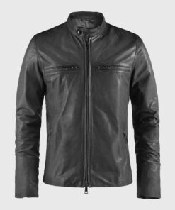 Basic Distressed Grey Moto Cafe Racer Biker Leather Jacket - Front View