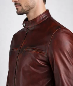 Basic Maroon Moto Cafe Racer Biker Leather Jacket | Men's Maroon Cafe Racer Biker Leather Jacket-2