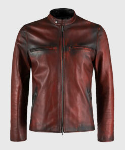 Basic Maroon Moto Cafe Racer Biker Leather Jacket - Front View
